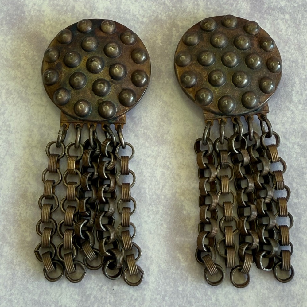 Vintage Kate Hines Modernist Brutalist Chain Dangle Clip On Earrings